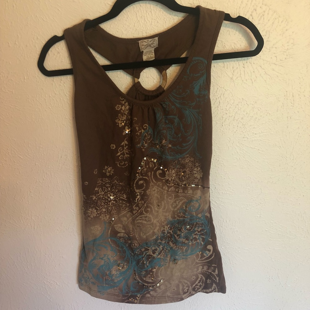 Brown tank with sequins and cute back.